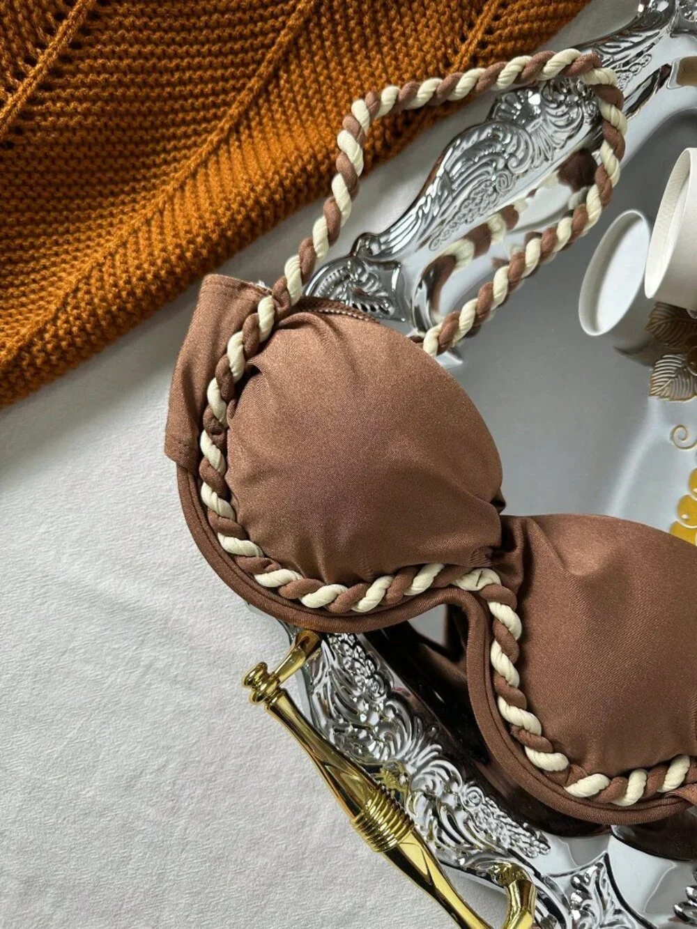 Brown Sexy Women's Braided Strap Underwire Beach Bikini Wear